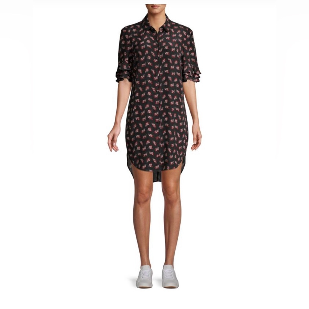 FRAME
Printed Ruffled High-Low Silk Shirtdress